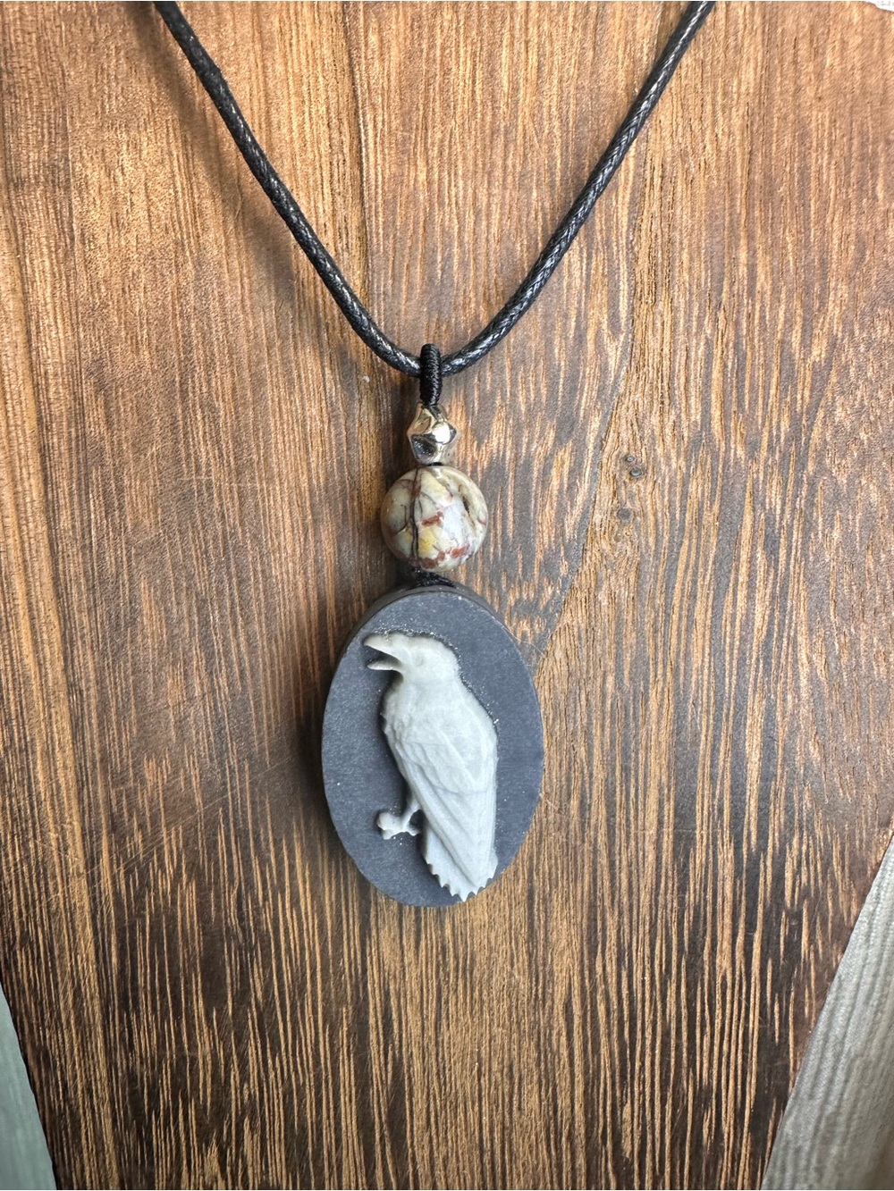 Handcrafted Tai Chi Stone Raven Pendant Necklace on Black Rope - Picture 5 of 11
